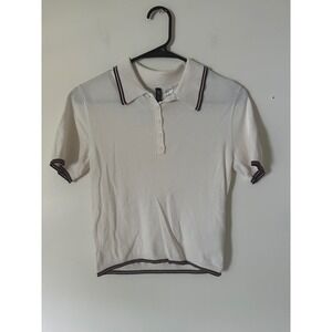 H&M Divided Womens XS Cream Knit Polo Shirt Short Sleeve Tipped‎ Trim Preppy